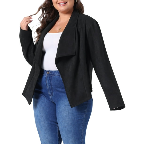 Chaqueta de ante sintético de talla grande GRACE & GRANDEUR para mujeres, con solapa, de manga larga, abierta, cardigans, abrigos, chaquetas 4X negra
