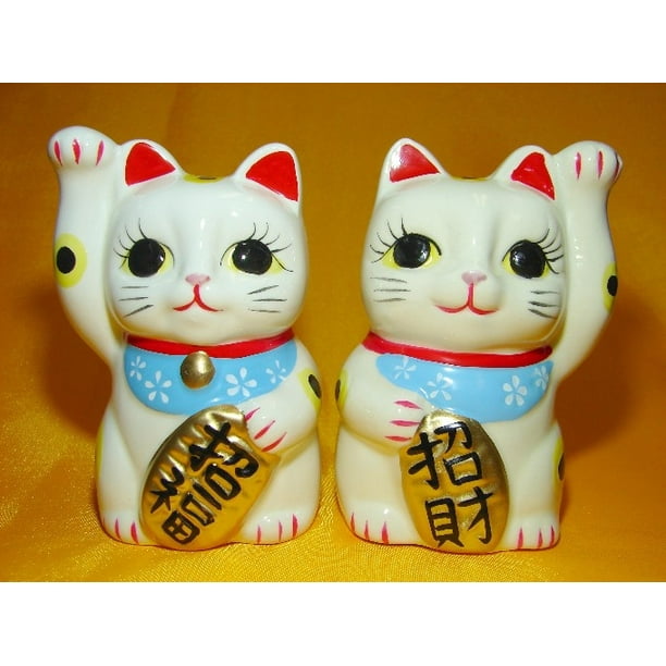 trængsler Glorious Fader fage Pair of Japanese Maneki Neko Beckoning Money Good Fortune Porcelain White Lucky  Cat Statues - Walmart.com
