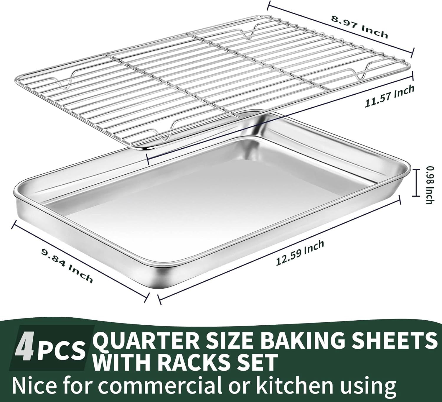 Baking Sheet with Rack Set [2 Sheets + 2 Racks], Stainless Steel Cookie Pan baking Tray with Cooling Rack, Size 12 x 10 x 1 Inch, Non Toxic & Heavy Duty & Easy Clean