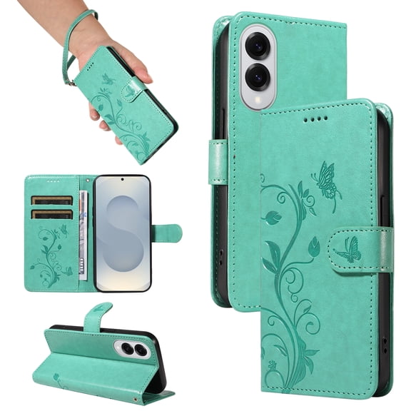 Allyechgroup Wallet Case for Samsung Galaxy S25 Edge, Butterfly Floral Embossed Premium PU Leather Shockproof Flip Stand Cards Slots Hand Wrist Phone Case for Samsung Galaxy S25 Edge, Green
