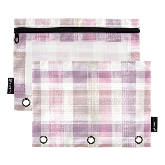 2 Pack 3 Ring Binder Pouch with Clear PVC Window Water Resistant Zipper Pencil Pouch Purple-pink Checkered Pattern Binder Pocket for Classroom Office Home Stationery Organization