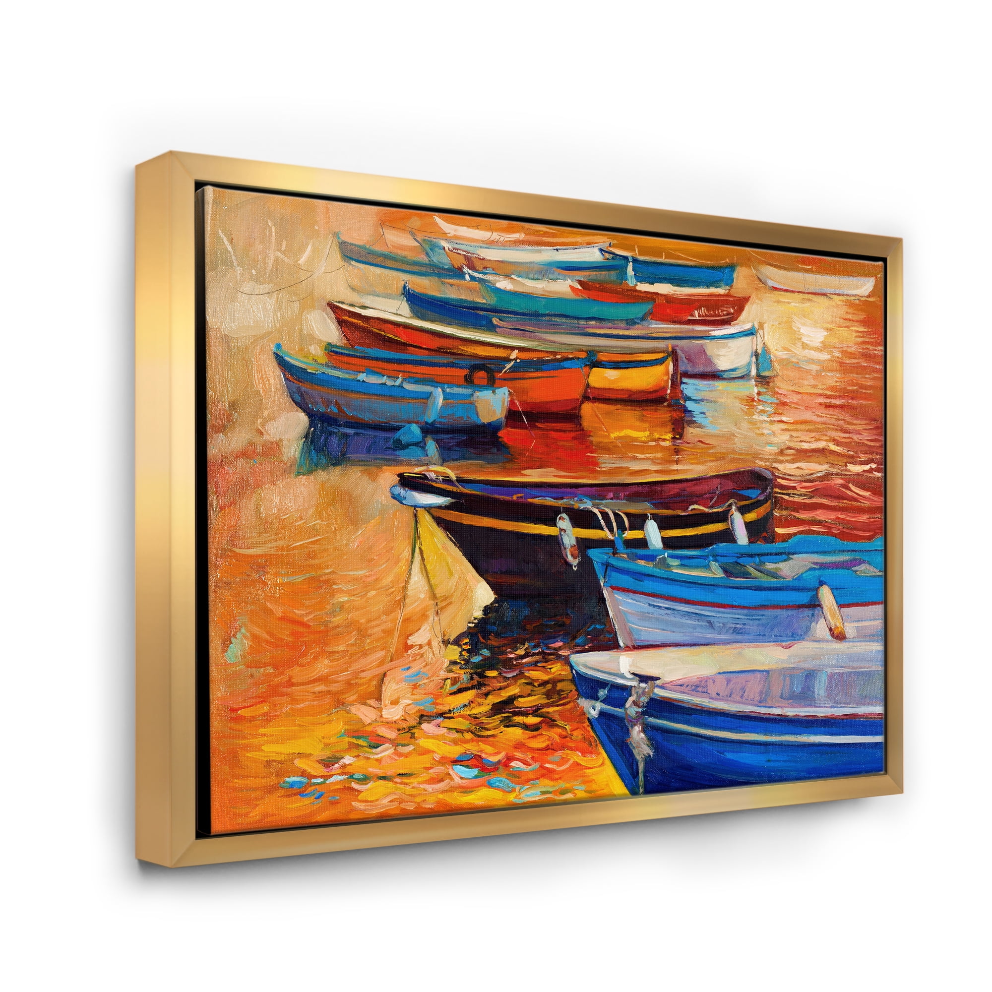 Designart 'Boats During Warm Colourd Sunset In The Harbor I' Nautical & Coastal Framed Canvas Wall Art Print