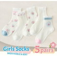 thumbnail image 2 of Girls Cotton Thin Mesh Crew Socks, Kids Floral Flower Cute Summer Socks, 5 Pairs, 3~12Years, 2 of 7