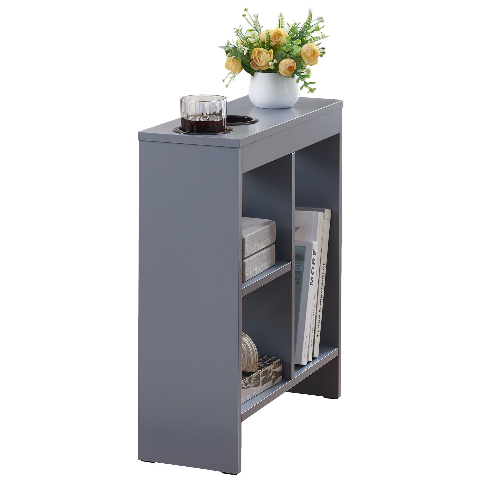 Kings Brand Furniture Narrow Side End Table with Drink Holders & Storage Shelves, Slim Sofa Table with Magazine Holder for Living Room, Bedroom, or Office – Gray