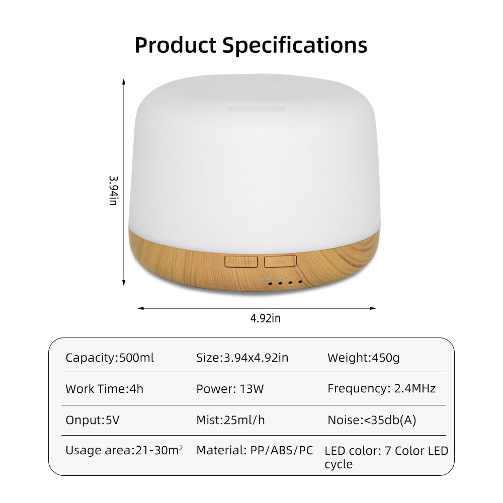 500ml Ultrasonic Essential Oil Diffuser & Humidifier with Remote, Auto-Off Timer, 7 Color Changing Night Light for Home, Office, Yoga