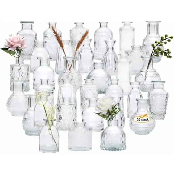 Glass Bud Vases Set of 32,Small Flower Vases for Wedding Centerpiece Table Decorations,Clear Vintage Embossed Mini vases,Flower Arrangements in Vases for Party or Home Decor