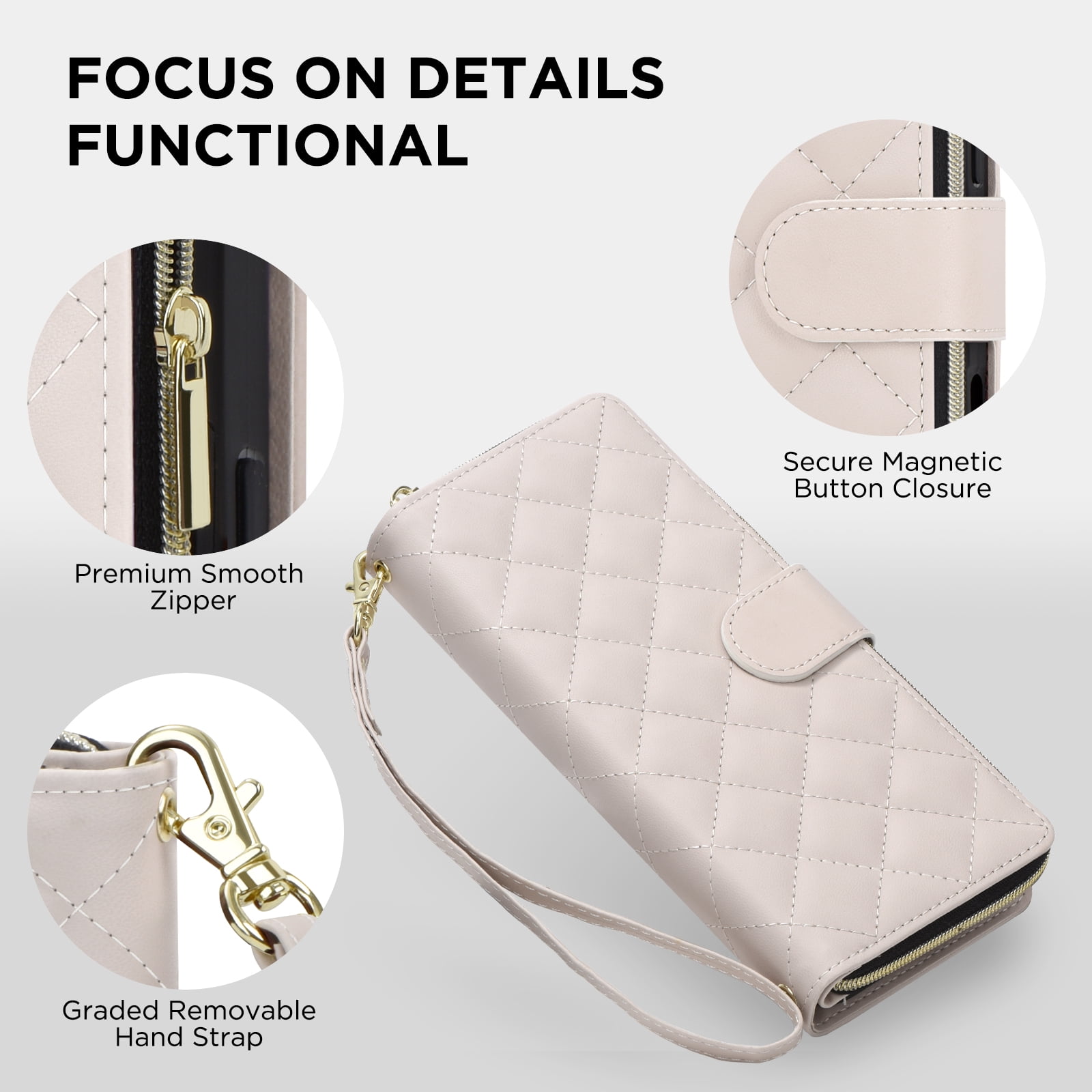 Compatible for iPhone 12 Pro / 12 6.1" Wallet Case, Crossbody Strap PU Leather Folio Phone Cover, Zipper Handbag Purse with Card Holder Lanyard Flip Stand for iPhone 12 Pro / 12 6.1", Beige