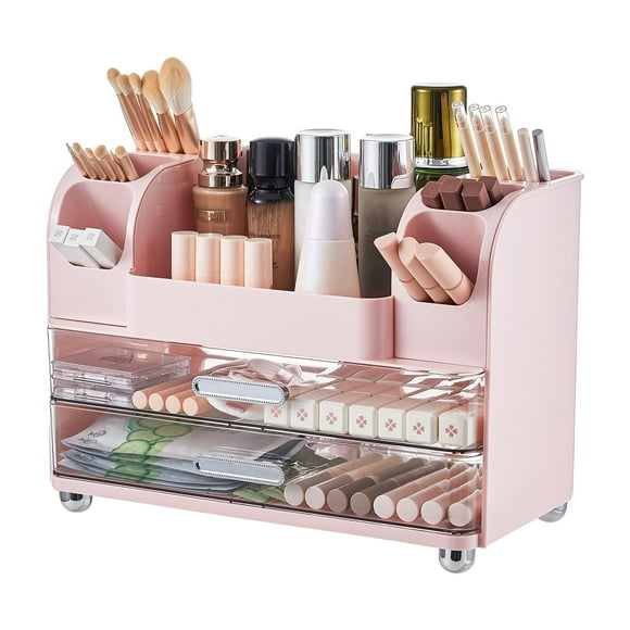 Organizador de maquillaje UFORU con 2 cajones grandes, color rosa