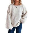 thumbnail image 2 of Women's Solid Color Casual Loose Knit Sweater Round Neck Long Sleeved Pullover for Fall Winter Everyday Essentials,Beige,L, 2 of 4