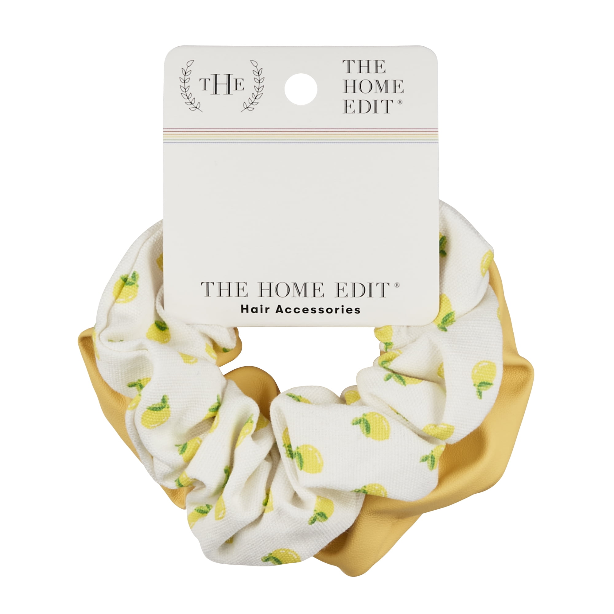 The Home Edit Scrunchie Hair Ties, Yellow Faux Leather and Lemon Print, 2ct