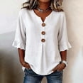 thumbnail image 2 of Women Casual Cotton Linen V Neck 3/4 Sleeve Button Decor Loose Fit Summer Blouse Top, 2 of 9