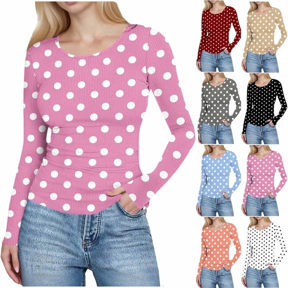 Women’s Polka Dot Slim Tops, Round Neck Pullover T-Shirt, Fall Long Sleeve Comfy Blouses