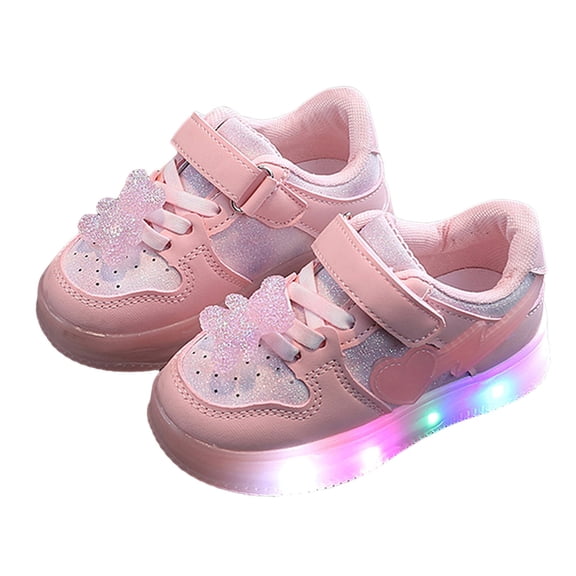 Toddler Girls Light up Fashion Sneakers Cute Bear Heart Lace up LED Flashing Walking Tennis Flats Shoes Kids
