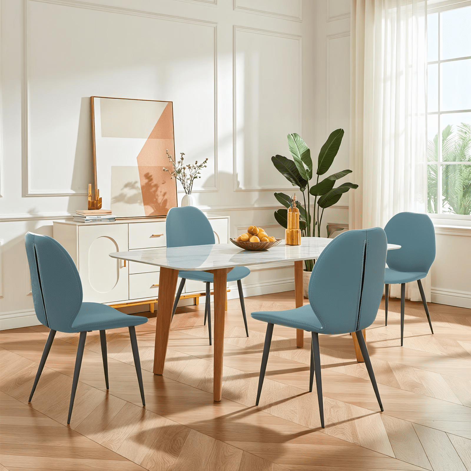 Leather Dining Chair with Metal Legs, Shell Shape Upholstered Chair Set of 4 for Kitchen, Restaurant, Living, Meeting Room, Green