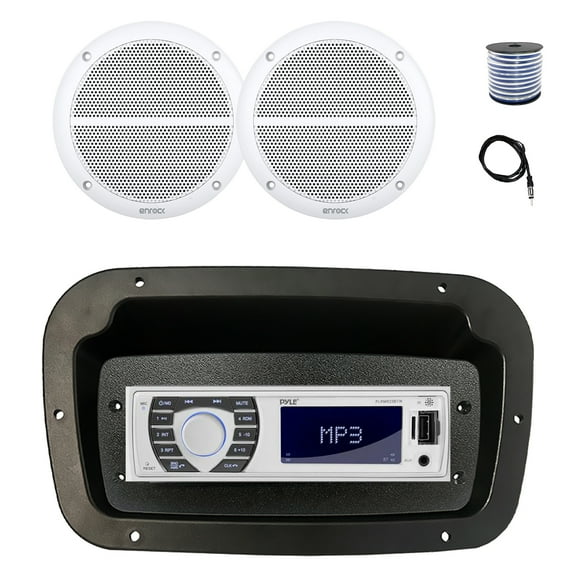 Pyle PLRMR23BTW Single DIN Bluetooth Marine MP3 Stereo Receiver, Spa bezel, Adapter Plate, 22" Radio Antenna, Wire, 2x 6.5" 90 Watt Peak Power 2-Way Full Range Audio Speakers (White)