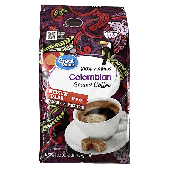 Great Value 100% Arabica Colombian Medium-Dark Roast Ground Coffee, 32 oz, Bag