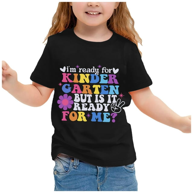 LUOGENLI T-Shirt pour Filles T-Shirt Imprimé T-Shirts de Maternelle pour Filles T-Shirt de Rentrée pour Enfants T-Shirt d'École T-Shirt Long pour Filles Noir 6-7 Ans
