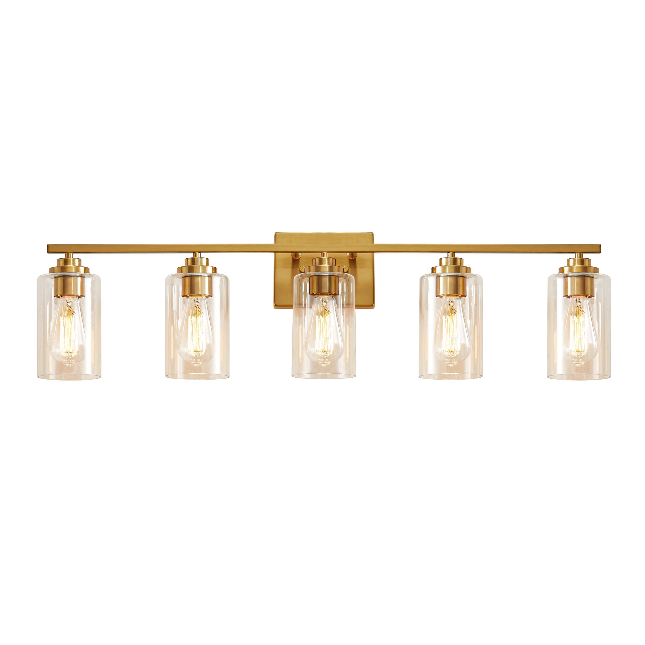 KAWOTI Modern 5-Light Vanity Light Fixtures over Mirror, Antique Brass Bathroom Light Fixtures with Clear Glass Shade