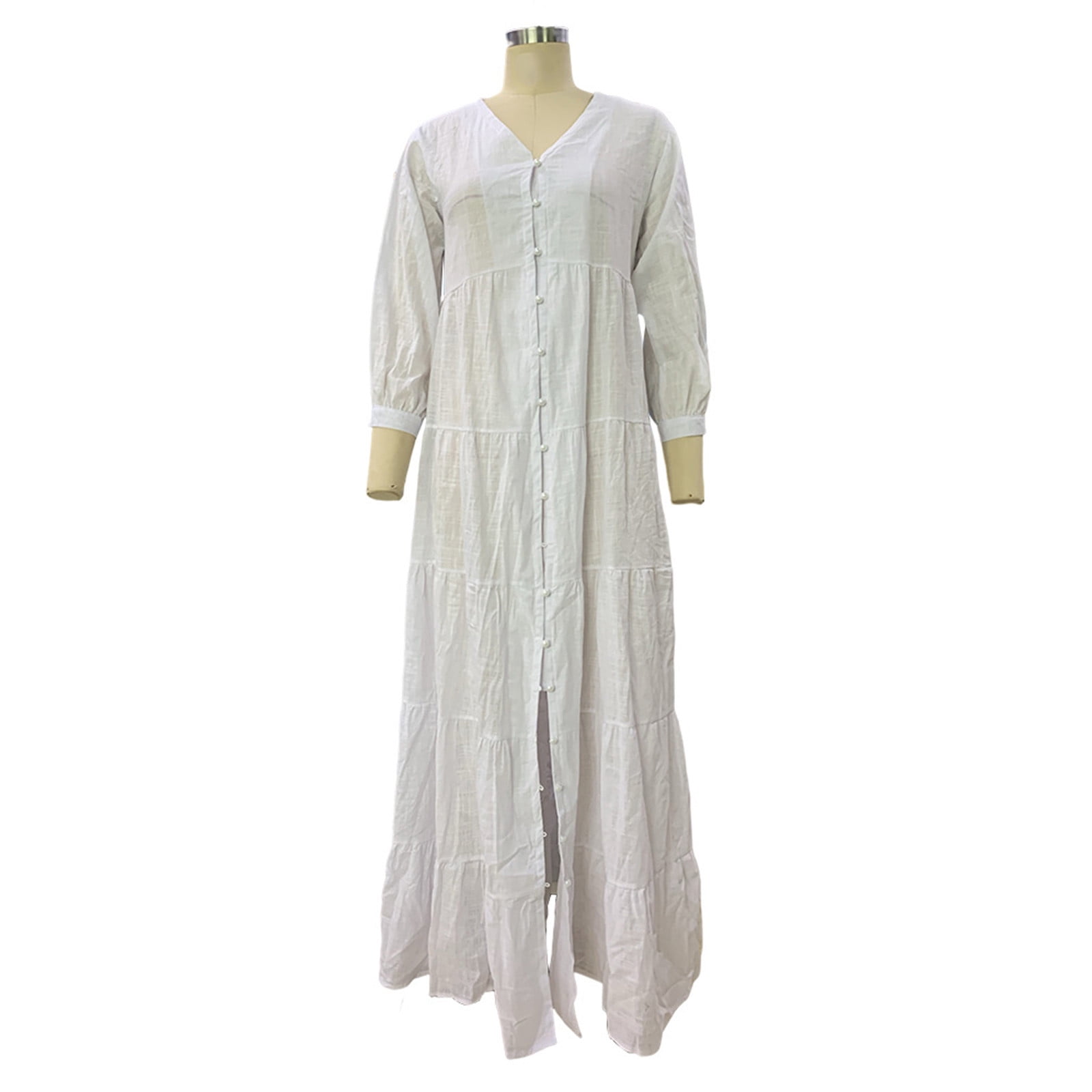 BiZtdJrK White Women's Cotton Linen Dress Button Down Long Sleeve V Neck Boho Dresses Casual Pleated Layered Beach Long Dress XL