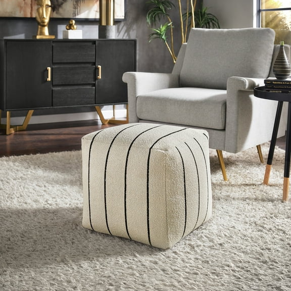 Weston Home Dinant Upholstered Square Pouf Ottoman, Ivory & Black Stripe Pattern Fabric
