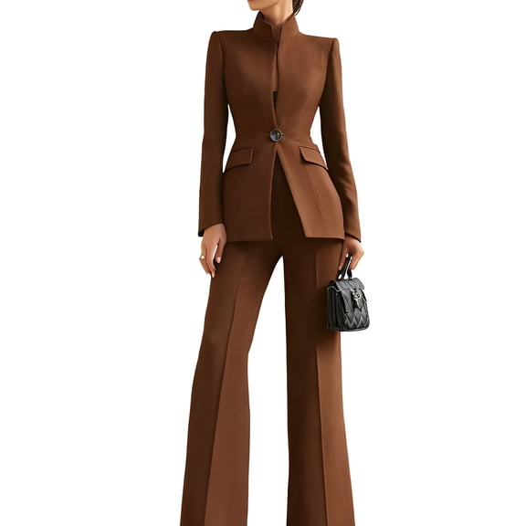 Women Blazer Pants Suit 2 Piece Outfits Casual Long Sleeve Blazer Set for Work Business Brown S