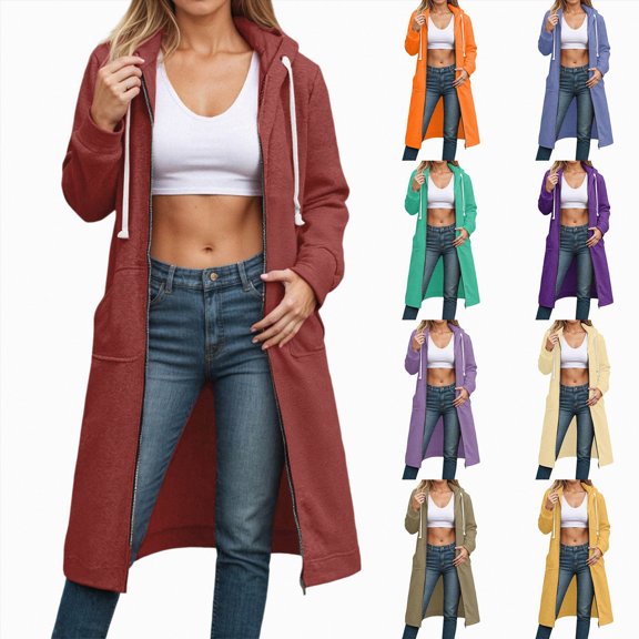 Towmus Women's Casual Pockets Zip Up Hoodies Drawstring Sweatshirt Long Hoodie Winter Coat S-5XL