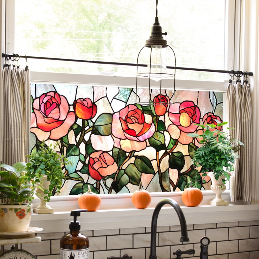 Stained Glass Window Film, Flower Static Cling Window Privacy Film Decorative UV Sun Blocking Non-Adhesive Glass Window Covering for Home Bathroom