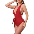 thumbnail image 4 of INSPIRE CHIC Women's Deep V Neck Back Criss Cross Lace Up Monokini Bikini 1 Piece Tummy Control High Cut Swimwear Bathing Suits X-Small Red, 4 of 5