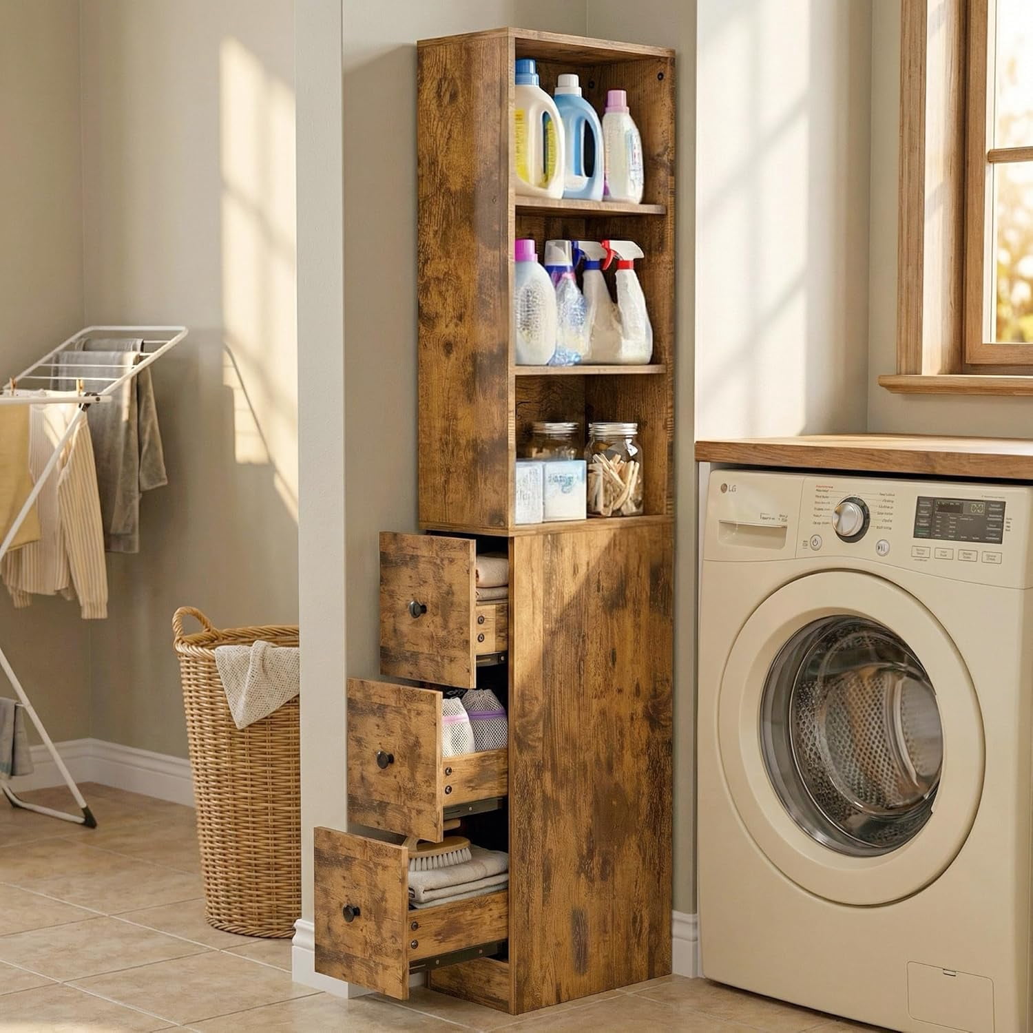 Storage Cabinet Tall Narrow Bathroom Organizer with 3-Level Adjustable Shelves Slim Free Standing Space Saver for Living Room Kitchen, Rustic