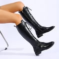 thumbnail image 4 of Women’s Full Lace Up Knee High Combat Boots, Round Toe Low Flat Heel Leather Tall Boots, Side Zipper Moto Riding Shoes Black 7(39), 4 of 9