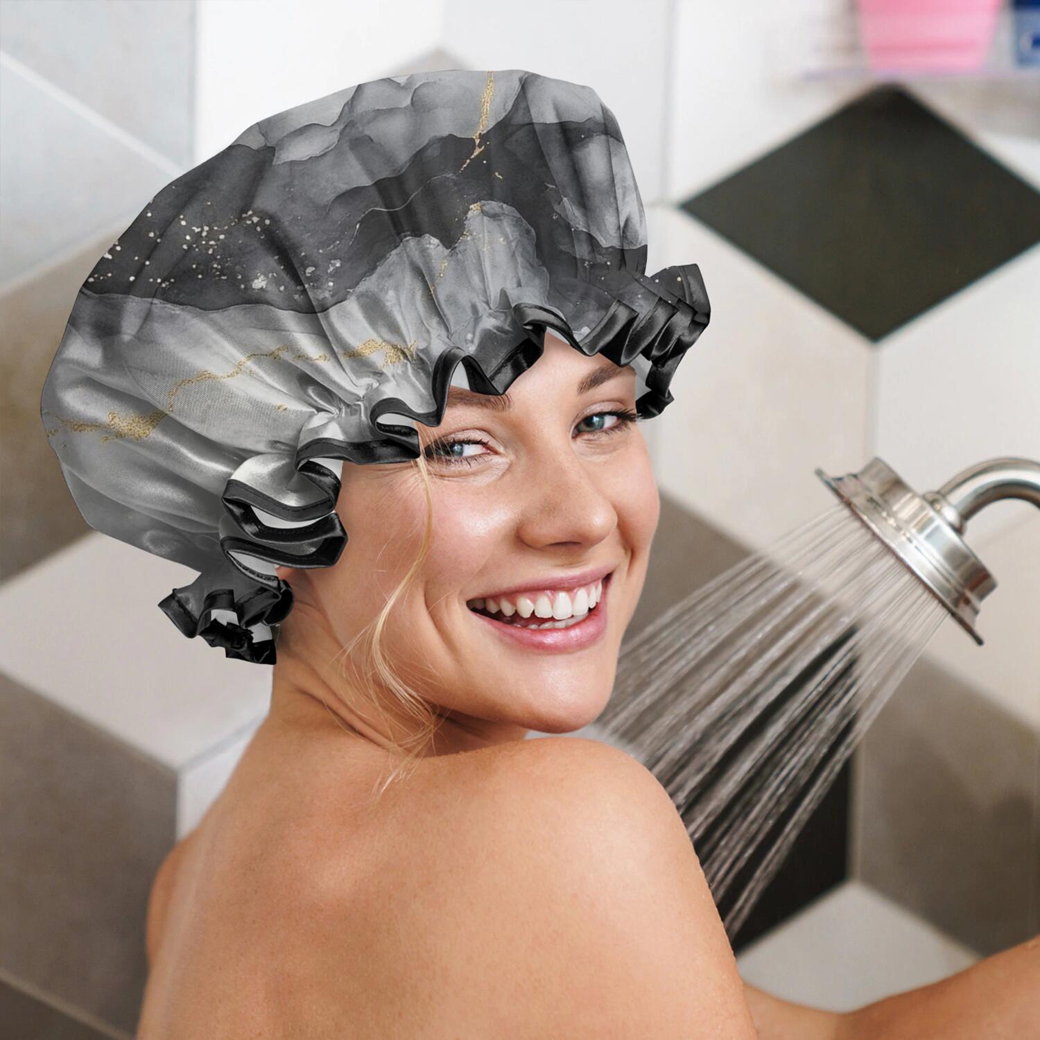 Shower Caps,Black White Gold Marble Pattern Waterproof Shower Cap for Women 4 Pieces,Double Reusable Hair Cover for Shower PEVA Elastic Stretch Hem