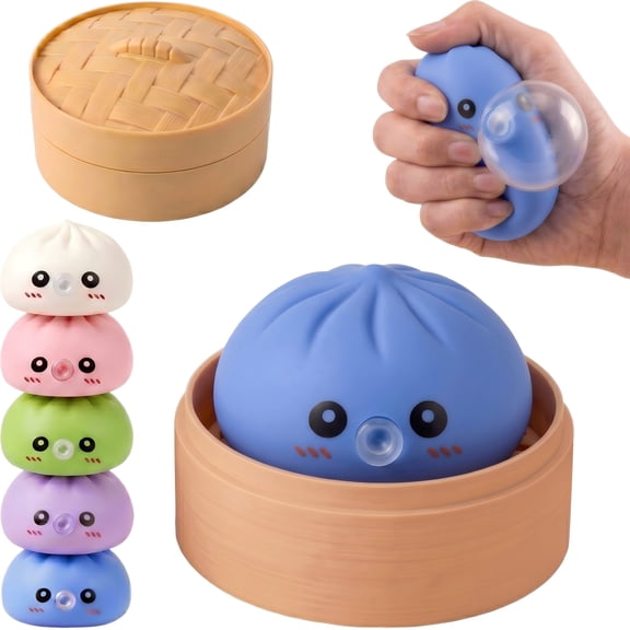 CQHVKQ 4" Dumpling Squishy Mystery Box, Rainbow Mystery Dumpling Squishy with Blowing Bubbles, Dumpling Stress Squeeze Ball with Steamer Box, Stress Relief Squishy Dumpling Toys for Kids, Blue