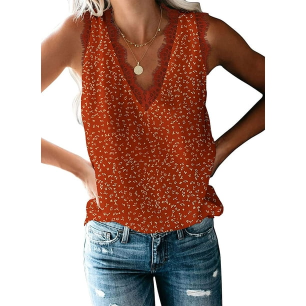 Anyjoin Women Sexy V Neck Lace Tank Tops Summer Sleeveless Chiffon