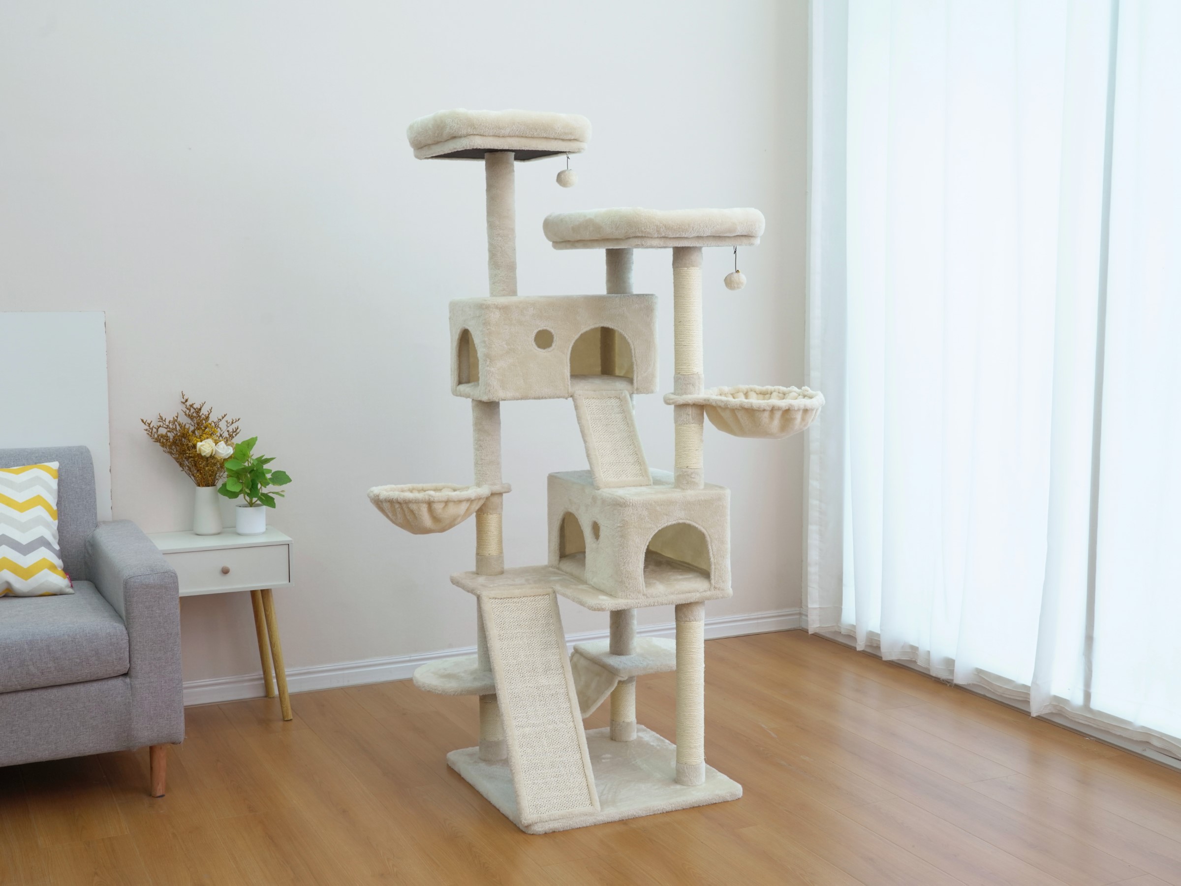 Vibrant Life Heavy Duty 8-Level 66" Cat Tree with Two Condos, Scratching Ramps, and Hammocks, Beige