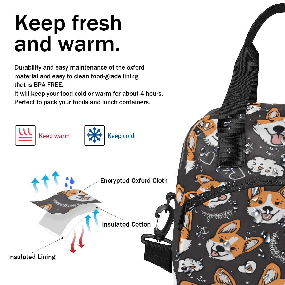 Herdesigns Cute Welsh Corgi Dog Insulated Lunch Bag for Women Men Adults Large Reusable Lunch Box Leakproof Portable Cooler Tote Bags with Adjustable Shoulder Strap