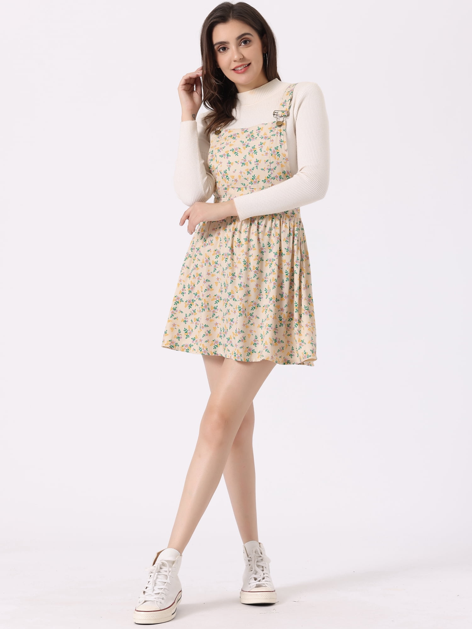 DARING DIVA Polka Dots Pattern Suspender Mini Overall Dress Skirt XS Beige-Floral
