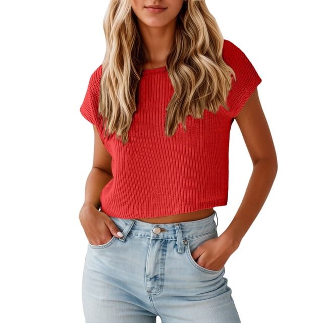 Gilet Court d'Été pour Femmes en Tricot, Manches Courtes, Col Rond, Coupe Ample, Décontracté, Confortable, Léger, Mode