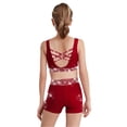 thumbnail image 4 of Hansber Kids Girls Cheerleading Outfits 3Pcs Rhinestones Dance Crop Top and Gymnastics Shorts Set with Hair Band Burgundy 16, 4 of 5