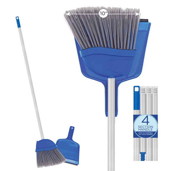 LOLA Angle Broom W/ Dustpan - 9.25" Wide Head W/ Polished Aluminum Lightweight Handle