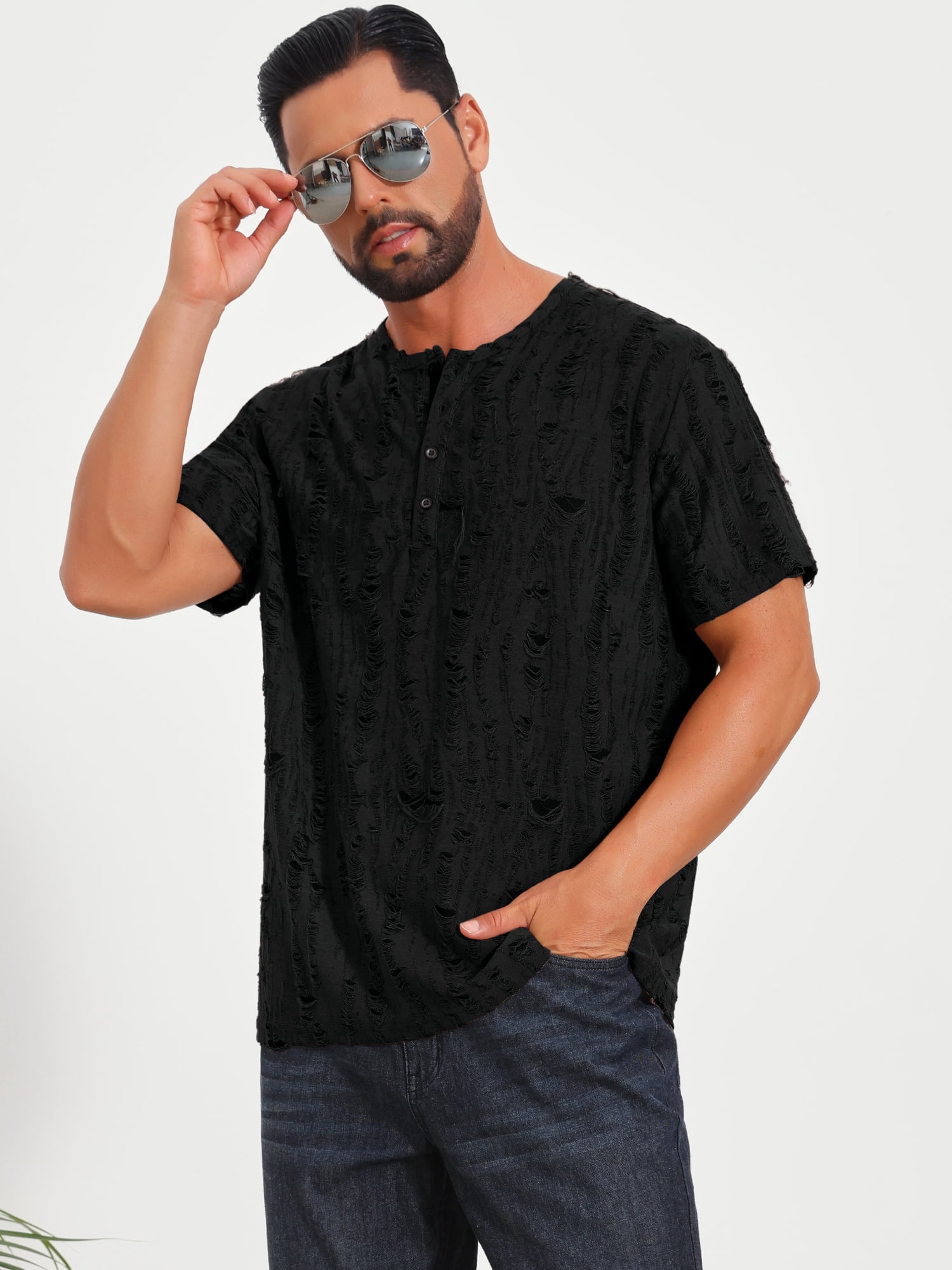 DARING DIVA Men's Ripped Henley Retro Short Sleeve Button Down T-Shirt XL Black