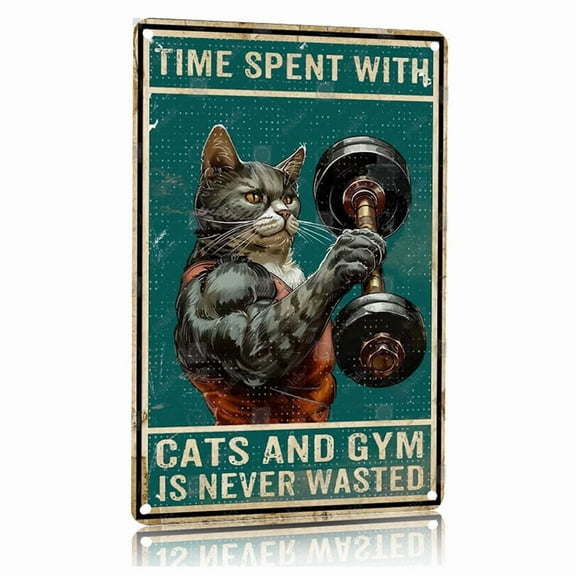 Vintage Cat Gym Motivational Metal Sign 8x12 Inch Aluminum Workout Poster Funny Fitness Wall Art for Home Gym Office Workout Room Decor