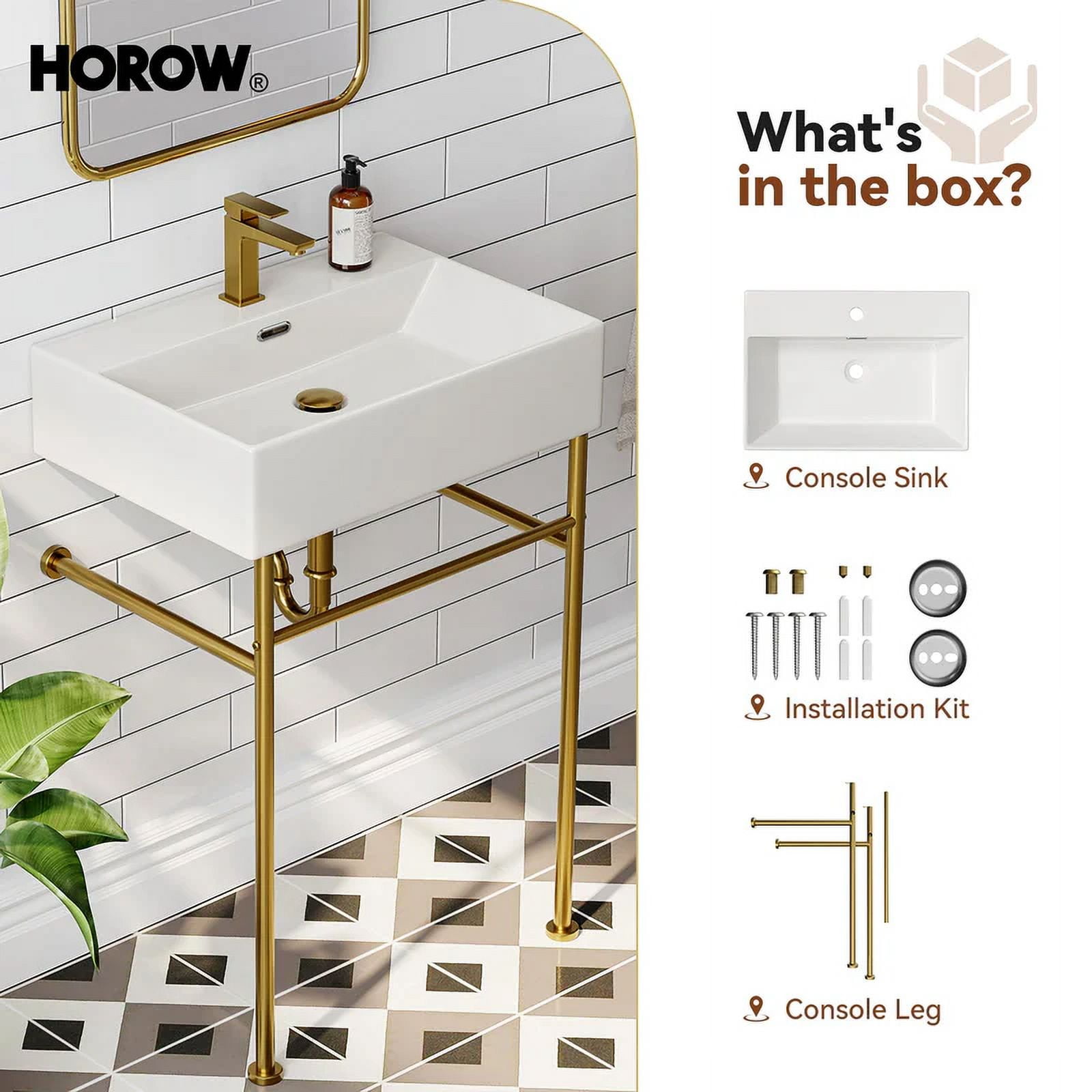 HOROW 24" Console Bathroom Sink,Free Standing 30 Inch Stainless Steel Support Pedestal Legs, Gold
