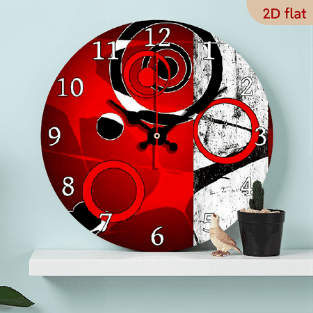 2D Flat 1pc 10Inch Wooden Red Black Grey Wall Clock Modern Vintage Wooden Round Clocks Wall Decor Battery Operated Decorative Wall Clock Silent Round Wood Wall Clock Hanging Clocks for Bedroom Decor