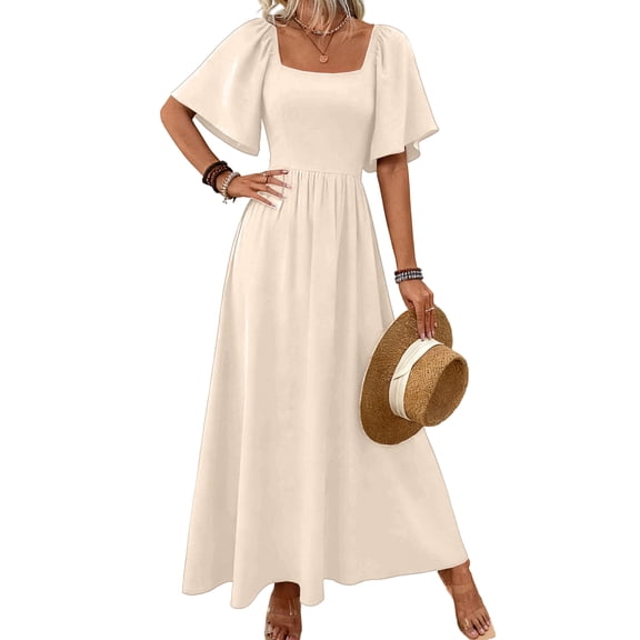 Womens Bohemian Square Neck Elegant Flared Ruffle Sleeve Maxi Dress Concert Beach Vacation Gown Cream White L