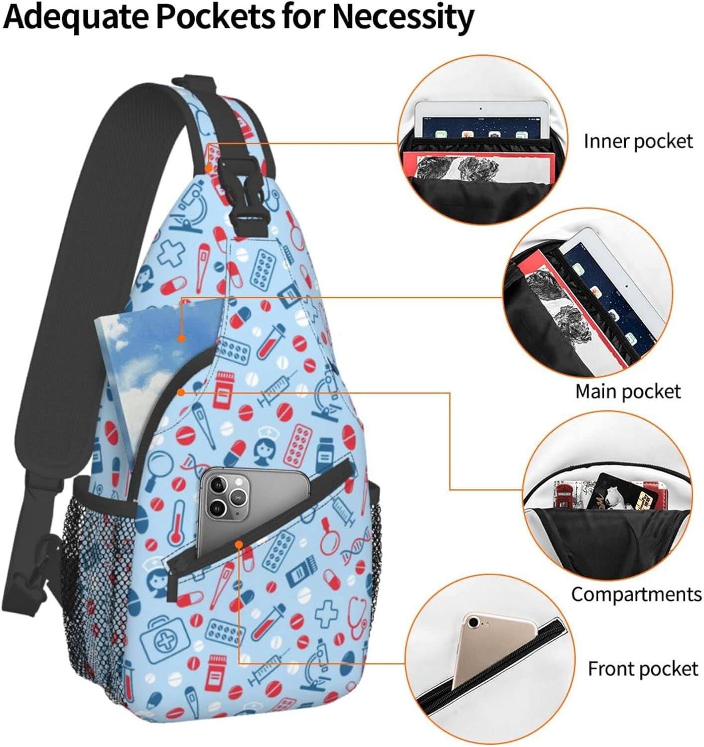 Nurse Medical Print Sling Bag Crossbody Hiking Travel Chest Bags Backpack Shoulder Daypack for Women Men