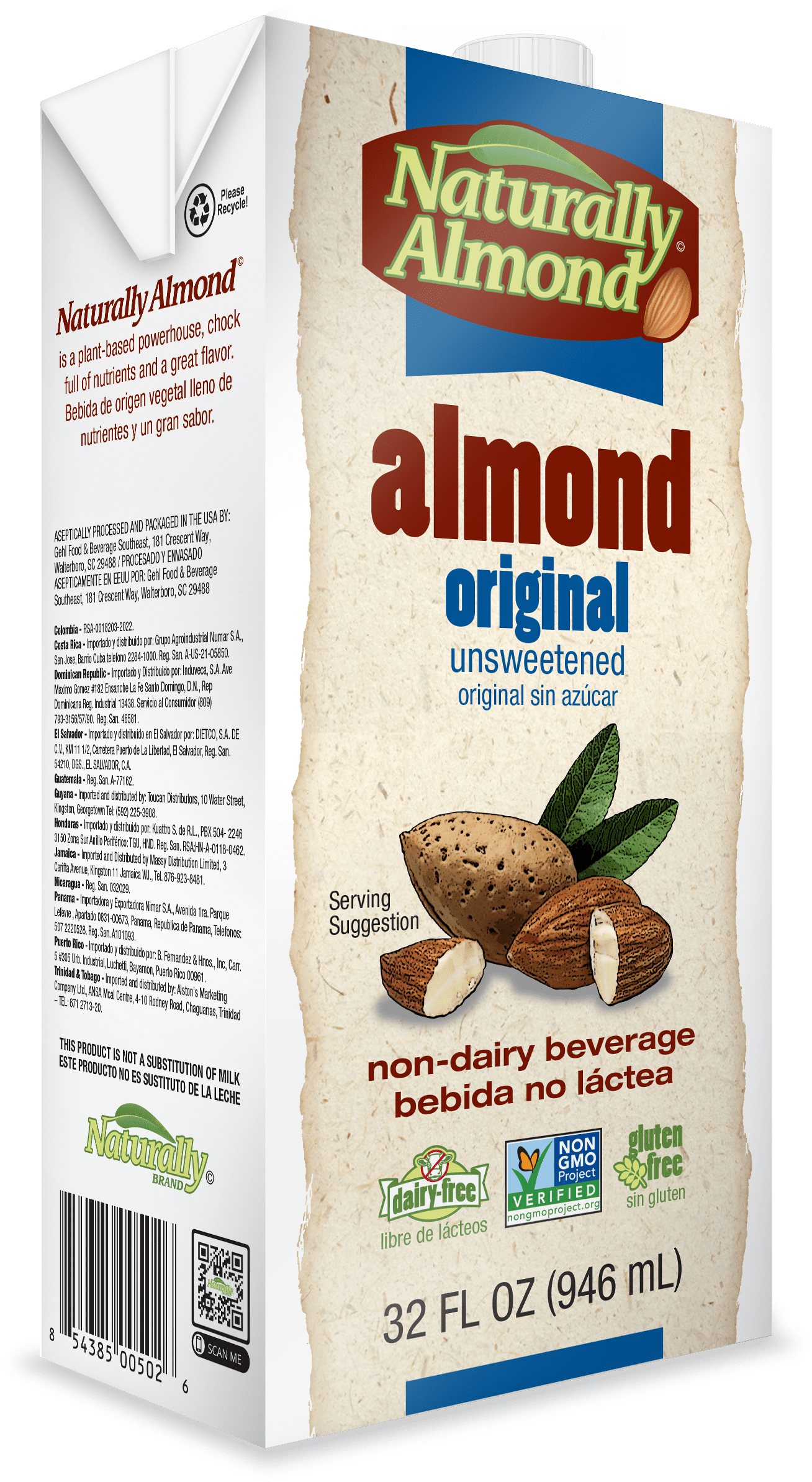 Naturally Brand Almond Milk Original, Unsweetened, 32 fl oz Carton