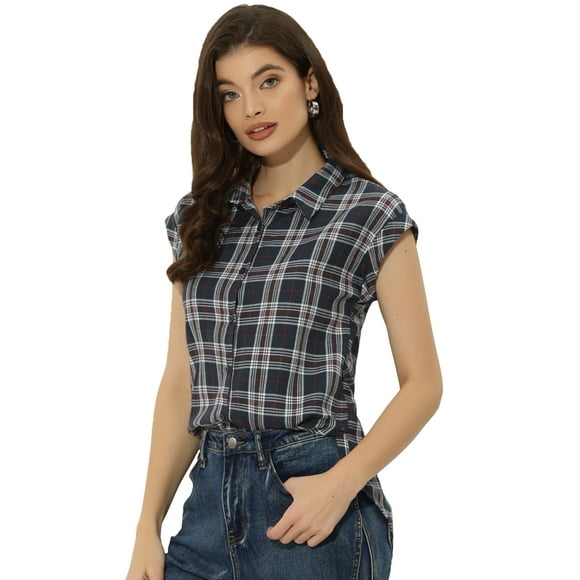 Camisa A Cuadros Allegra K Con Cuello Abotonado Azul Marino XL