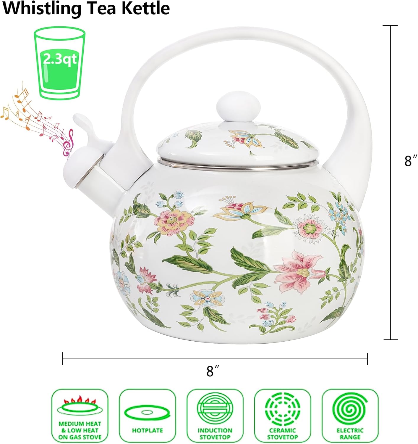 Bouilloire à Thé Vintage En émail - Motif Floral - 2,5 L - Poignée Froide - Compatible Toutes Plaques (induction, Gaz, électrique)