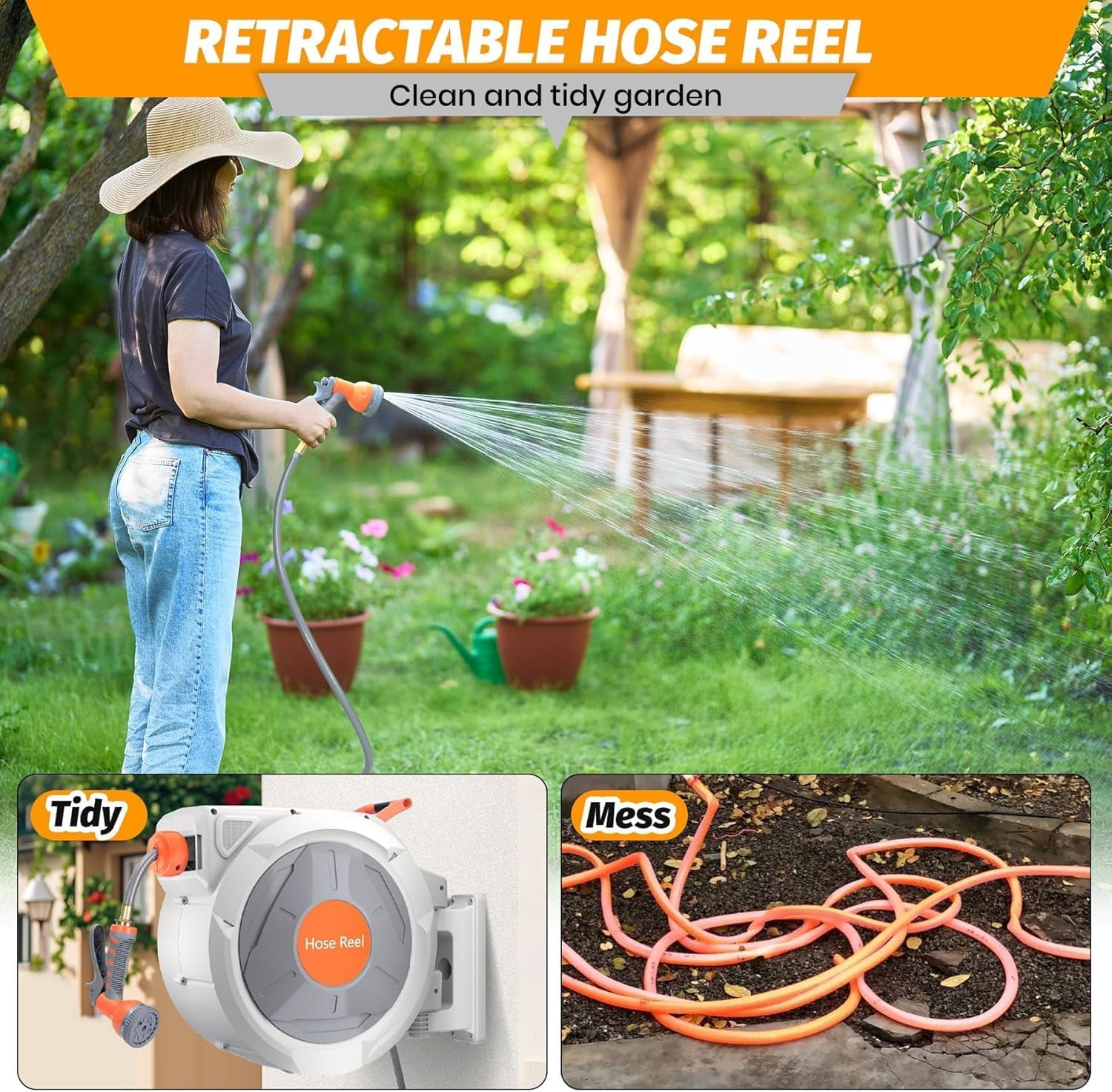 ChaoLink Retractable Garden Hose Reel 1/2 Inch*130 Ft - UV Resistant, Heavy Duty with 9 Function Sprayer Nozzle