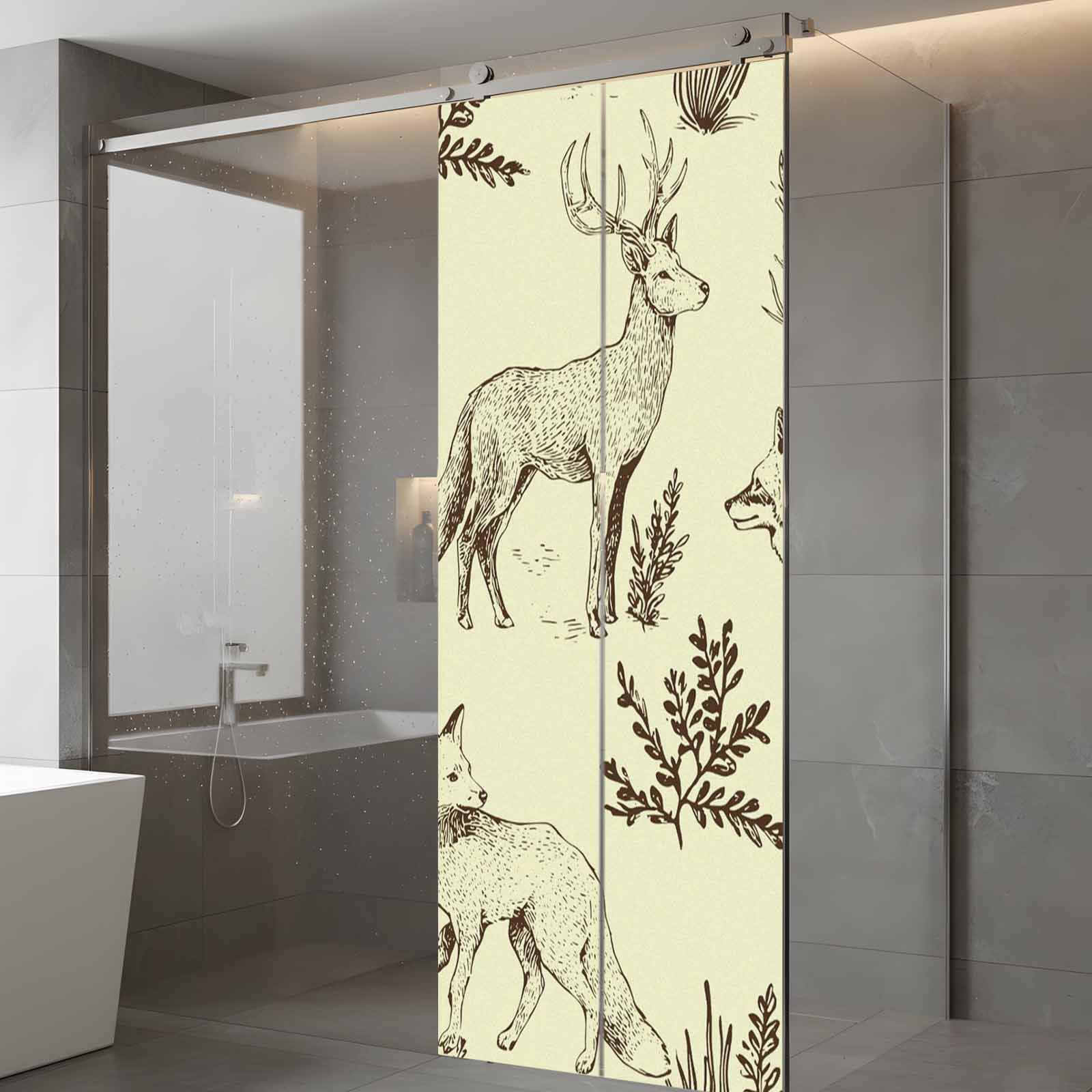 Forest Animal Window Privacy Film, Line Drawing Deer Fox Cool Wolf Spring Weed Casual Frosted Glass Window Clings Static Cling UV Heat Blocking Reusable Door Sticker for Bathroom 23.6 x 59 Inch